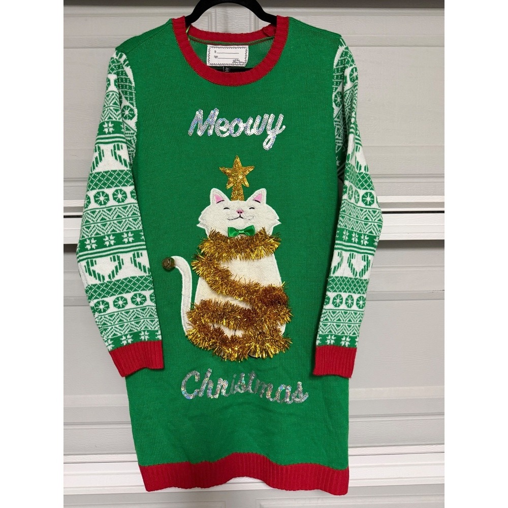 Meowy Christmas Cat Sweater Dress sz L Green Fair Isle Allison Brittney Festive